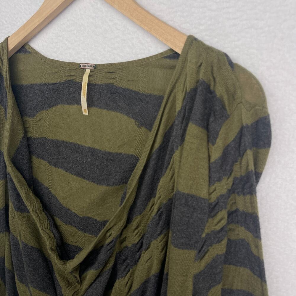 FREE PEOPLE Sweater XS Crumpled Striped Cardigan Slouchy Button Up Cotton Green - Picture 2 of 11